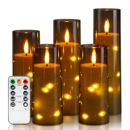 Image of CERICAI Flickering Flameless Candles with String Lights, LED Battery Operated Candle with Remote Control and 24-Hour Timer, Electric Candles Set of 5, Home Decoration for Christmas Halloween (Grey)