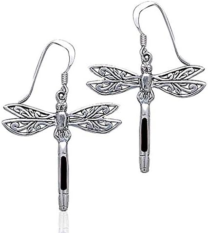 Pendientes de plata de ley con incrustaciones de piedra negra con filigrana y libélu, Metal