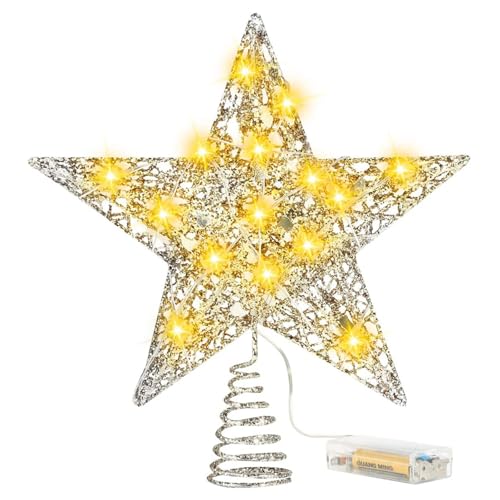 Estrella hueca dorada iluminada con luces LED para decoración de árboles navideños 6