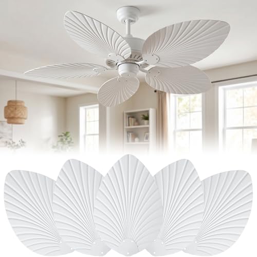 Sintuff 5 Pcs 20 Inch Ceiling Fan Blades Replacement for 52 Inch Ceiling Fans Palm Leaf Shaped Waterproof Replacement Blades for Broken Substitution Indoor Outdoor Tropical Summer Patio (White)