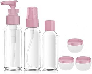 مجموعة زجاجات ادوات الزينة بحجم مناسب للسفر، حاويات بلاستيكية شفافة مع اغطية بيضاء، زجاجة مضخة، غطاء قلاب، زجاجة بخاخ