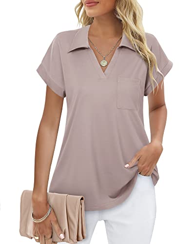 Vivilli Women's Plus Size Collared Tunic Shirt - Short Sleeve Polo, Casual Business Blouse, Adobe Rose Xxl #TOP2