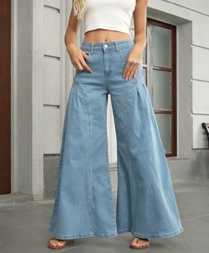 Women Bell Bottom Jeans High Waist Stretch Wide Leg Baggy Flared Pleated Vintage Casual Loose Denim Pants4