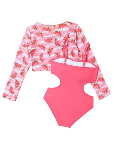 Image of Girl's Watermelon Print Long Sleeve Cover Up & Cami One Piece Swimwear Bathing Suit 2 Piece Set Pink 12Y