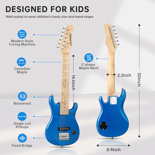 Image of 30 Inch Kids Electric Guitar Beginner Kits ST Style Mini Electric Guitar for Boys Girls，Electric guitar Starter Kit w / 5W Amplifier, Strap, Gig Bag, Strings, tuner，strings，Picks （Blue）