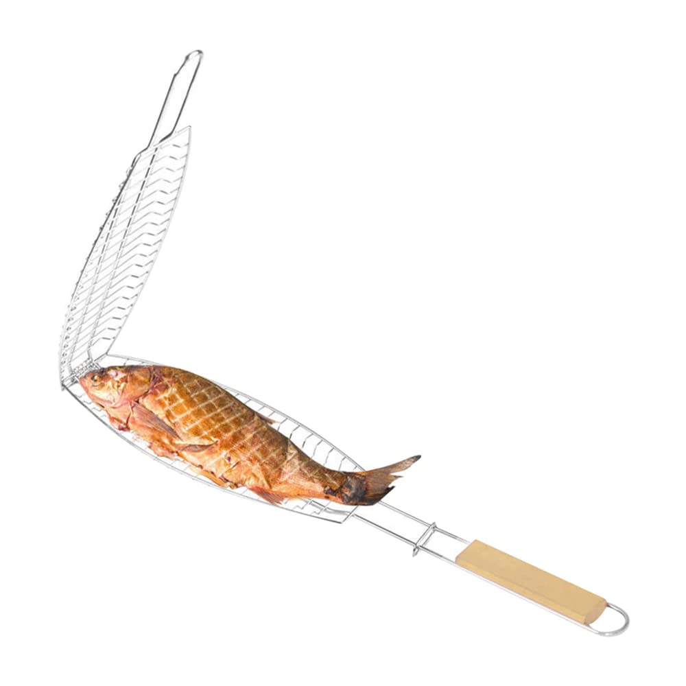 Fish Barbecue Basket Non-stick Mesh Clip Wooden Handle Fish Grilled Barbecue Clip Outdoor Barbecue Tool BBQ Hinged Roast Meat Basket-image-33