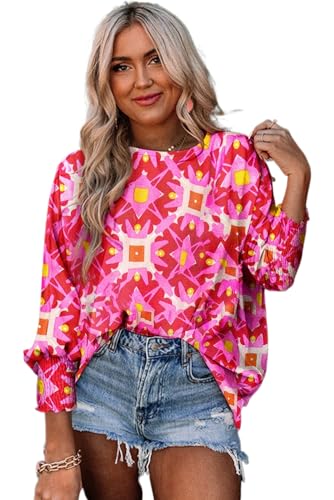 Women's Strawberry Pink Geometric Print Loose Blouse with Shirred Cuffs