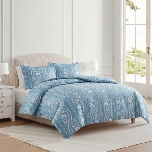 Image of Martha Stewart - Queen Comforter Set, Smooth Sateen Front with Subtle Sheen & Lightweight Cotton Percale Reverse, 3 Piece Bed Set with Matching Pillowcases (Sophia Stripe Blue)