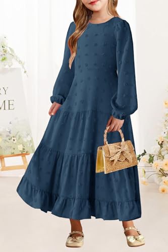 HOSIKA Girls Maxi Dress Long Sleeve Swiss Dot A Line Tiered Flowy Casual Party Dresses with Pockets for 6-12 Y2