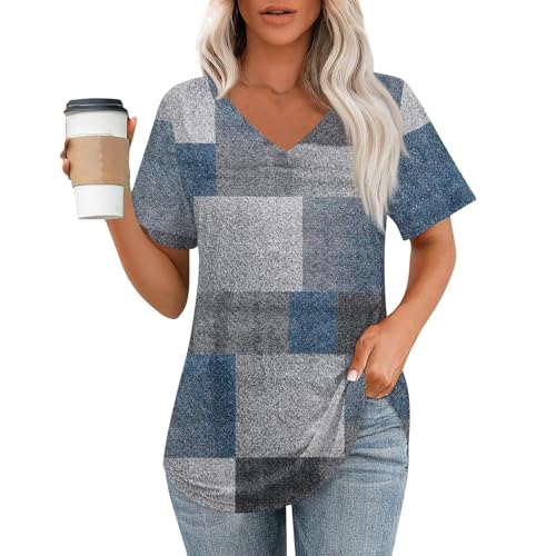 LAYHTKTL Camisetas de verano para mujer, cuello en V, manga corta, estilo casual, holgadas, básicas, con dobladillo curvado, a la moda 2025, C Azul, Large