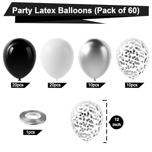 Image of Bezente Black Silver and White Confetti Balloons Set 60pcs 12 inch