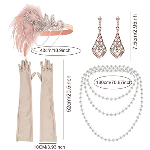 NITAIUN 4 Pieces Gatsby Costume Accessoires Set, Accessoire Année 20, 1920s Gatsby Accessorie pour Femmes, Charleston Accessoires, Bandeau à Plumes Collier Boucles d'oreilles Gants (Set R)