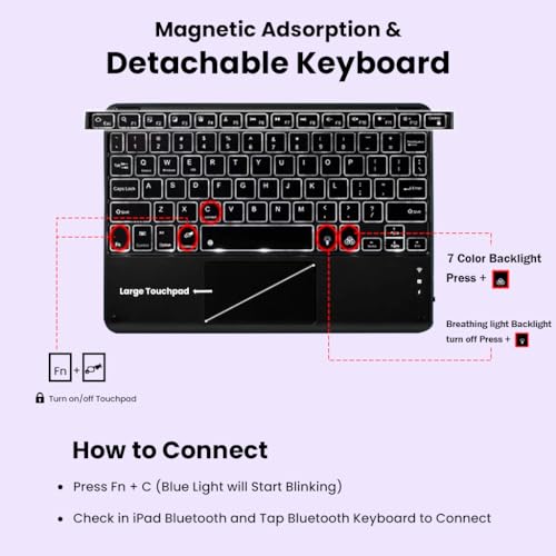 Image of Keyboard Case for Samsung Galaxy S9 FE 10.9 inch / S9 11 inch (SM-X710, X716B, X510, X516B) S8, S7 Folio case with Touchpad, 7 Color Backlit, S Pen Holder, Detachable Keyboard, Auto Sleep Wake (Black)