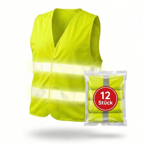 FLEXEO Warnwesten nach EN ISO 20471 | für Auto/Kfz | Erwachsene | Warnschutzweste, Sicherheitsweste für Motorrad, Baustelle | Reflektierende Weste | EU-Norm (12 Stück, Gelb)