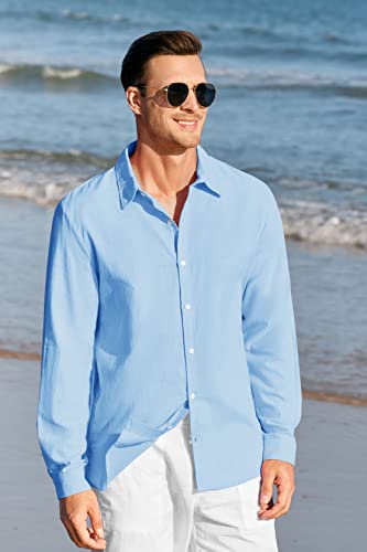 Mens Button Up Shirts Linen Beach Long Sleeve Casual Cotton Summer Lightweight Tops Xx-Large #TOP2
