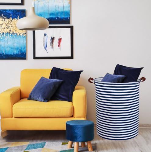 Image of ESSME Laundry Hamper,Blue laundry basket,Collapsible with Waterproof PE Coating,Canvas Fabric Nursery Hamper for Room Decor,(Navy Blue stripes)