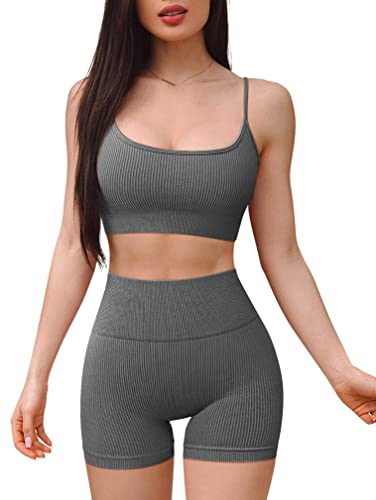 OYS Women's Workout Set 2 Piece Strappy Sports Bra Seamless High Waisted Yoga Ribbed Shorts Grey OYS Women's Workout Set 2 Piece Strappy Sports Bra Seamless High Waisted Yoga Ribbed Shorts Grey