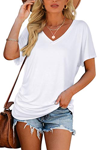 Image of WIHOLL Womens Summer T-Shirts Short Sleeve V Neck Dolman Tops with Side Shirring Loose Fit Shirts Spring Fashion