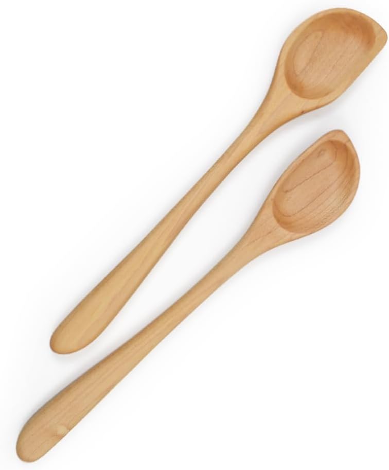 American Made Natural Hard Maple Wood Angled 12" Solid Spoons for Cooking and Mixing, Set of 2