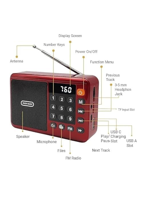 Image of Portable Digital Radio Speaker with LED Display, High-Gain FM Antenna, Numeric Keypad Control FM Antenna | Numeric Keypad | Lightweight (BT-662-RED)