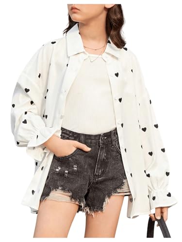 WDIRARA Girl's Heart Print Button Front Flounce Long Sleeve Shirt Blouse