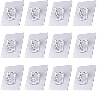 12 Pcs Self Adhesive Hooks Heavy Duty No Drilling Adhesive Wall Door Hooks Transparent Sticky Hooks for Hanging Coat Robe Bath Towels Kitchen Utensils Key Holder Bathroom