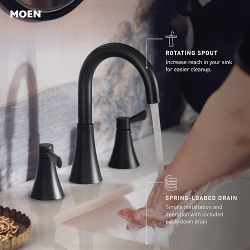 Image of Moen 84023BL Ronan Two-Handle Widespread Bathroom Sink Faucet with Valve Included, Matte Black, Modern 3-Hole Faucet with Push-Down Drain Assembly