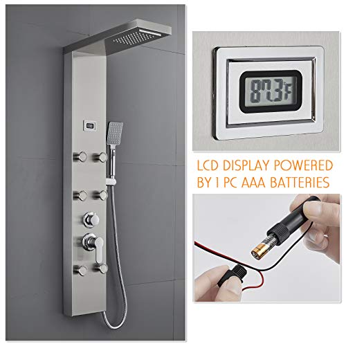 Rovate Luxury Rainfall Waterfall Shower Tower Panel System, 304 Stainless Steel Bathroom Shower Tower With 6 Brass Body Massage Spray And 3 Function Handheld Shower, Brushed Finish, Wall Mounted #TOP5