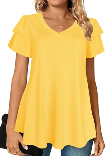 Afibi Womens Summer Tops Ruffle Short Sleeve V Neck T-Shirts Casual Loose Fit