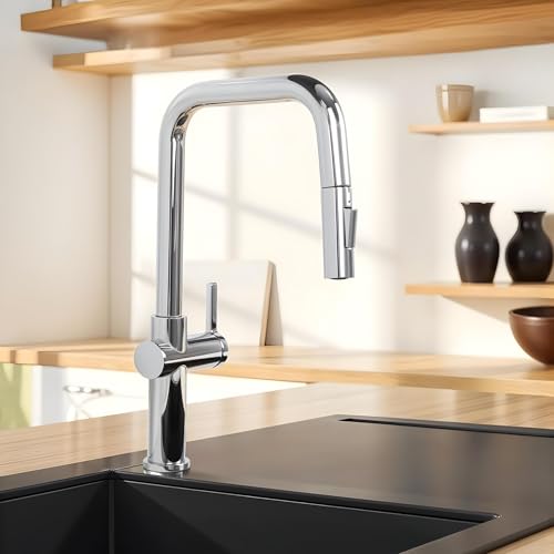 Image of Ruhe Opulo Dual Flow Pull-out Kitchen Mixer Faucet - Chrome | 360 Swivel | Hot & Cold Water Faucet | Single Lever Tap | Table Mounted Kitchen Sink Tap