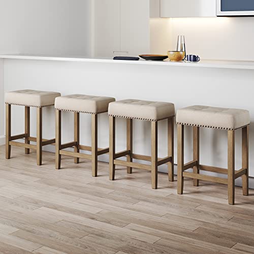 Nathan James 21313 Hylie Nailhead Wood Pub-Height Kitchen Counter Bar Stool 24", Natural Flax/Light Brown, Set Of 2 #TOP23