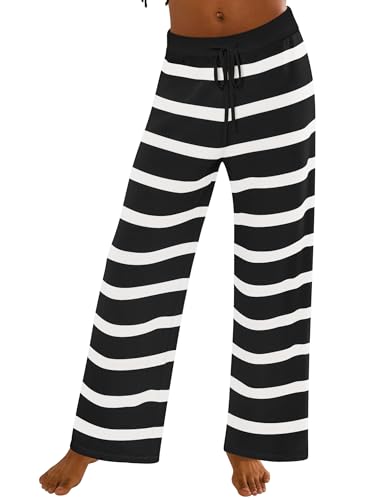 ZESICA Womens Casual Striped Wide Leg Pants Elastic Waist Drawstring Loose Knit Soft Pajama Lounge Palazzo Pants Fall Clothes,Black,Medium
