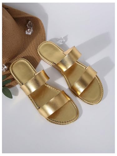 GORGLITTER Women's Metallic Flat Sandals Open Toe Double Strap Slide Sandals4