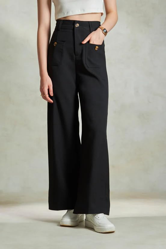 Image of LERIYA Fashion Trousers for Women - High Waist Korean Style Pants | Flared Formal Office Wear & Casual Parachute Cargo with Utility Pockets