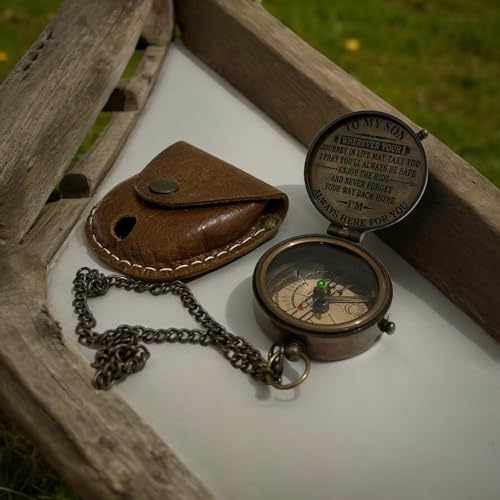 Brújula de latón antigua con cadena y estuche miniatura 5