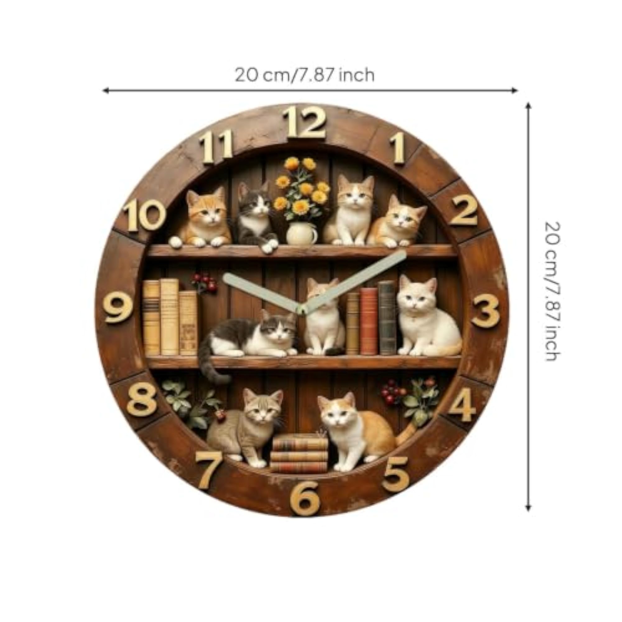 Cat-Themed Wall Clock, Rustic Wood-Look Design