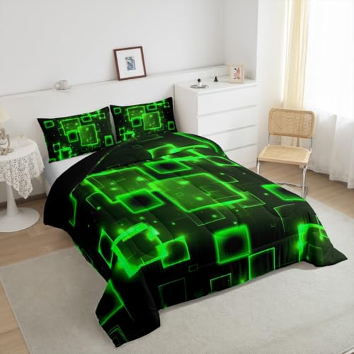 Image of Feelyou Geometric Green Black Comforter Set King Size, Kids Light Honeycomb Bedding Set Geometrics Comforter Abstract Duvet Insert Bed Set 3Pcs