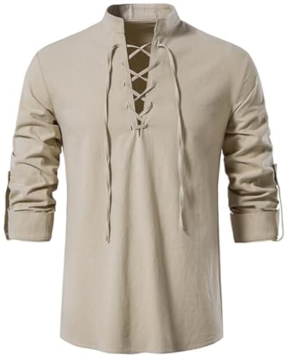 PADOLA Camisa Medieval de Lino para Hombre Camisa Retro con Cordón Henley Camisas Estilo Hippie Traje de Pirata(L,Caqui) | Ya disponible en tu tienda friki favorita! En mundofriki.es!