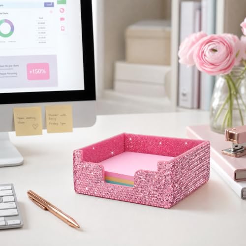 SlowVibes Bling Pink Sticky Note Holder, Glitter 3.94 x 3.94 Inch Notepad Holder Sticky Note Dispenser, Thick Rhinestone Desk Organizer for Office, Home, Dorm, Classroom Desk,Gift for Women Girls - Image 6
