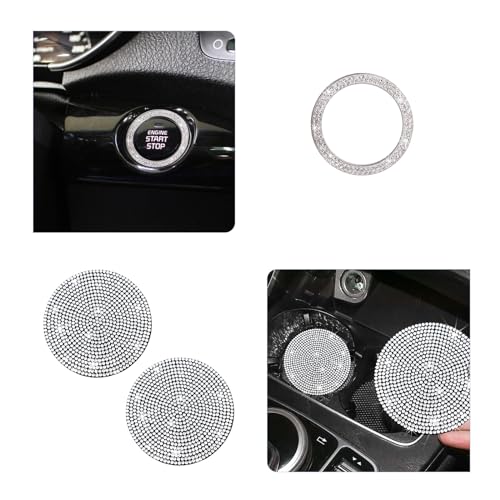 Image of Ziciner 2 Pack Bling Car Cup Holder Coaster, Anti-Slip Auto Insert Coaster with Start Stop Button Cover, Universal Shiny Crystal Vehicle Interior Accessories for Women and Girls (White)
