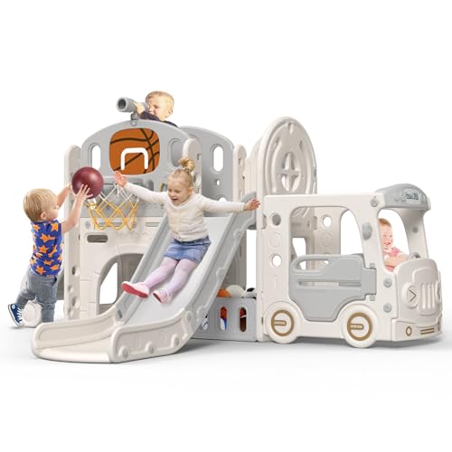 Image of BIERUM 10 in 1 Toddler Slide, Kid Slide for Toddlers Aged 1-3 with Ring Toss, Basketball Hoop and Bus Play House, Indoor Outdoor Playset Playground Beige Gray