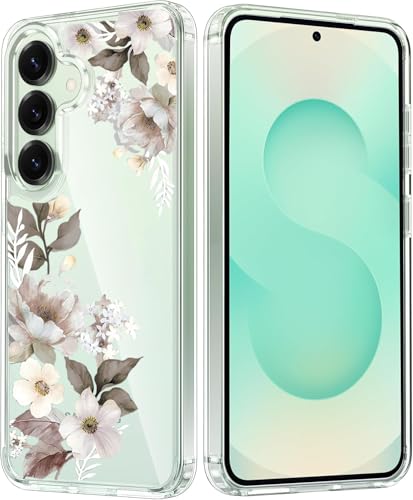 Image of Elzzi Clear Transparent Cover for Samsung S25 Fe 5G Case Shockproof Case Floral Design Full Camera Protection Shockproof PC Covers Transparent Flower Cover for Girls & Women (Grey)