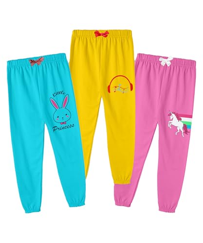 Image of KYDA KIDS Girls 100% Cotton Premium Printed Track Pants | Soft Breathable Fabric | Summer Wear Multicolor Trackpants for Girls - Pack of 3