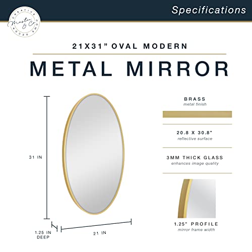 Image of MCS Master & Co. Modern Metal Large Wall Mirror, Minimalist Home Decor Oval Mirror for Living Room, Bedroom, or Bathroom, 21 by 31 Inch, Brass