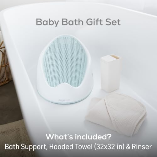 Image of Angelcare Baby Bath Support Bundle, Bath Rinser & Hooded Towel, Aqua | Soft-touch ergonomic bath support, gentle rinser, and hooded towel create a cozy newborn bath routine from birth to 6 months.