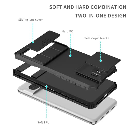 Image of ShieldTech Back Cover Case for Google Pixel 8 Pro | Sliding Camera Shield | Stereoscopic Stand | Shockproof 360 Protection | PC + TPU Hybrid Mobile Phone Case for Pixel 8 Pro | Black