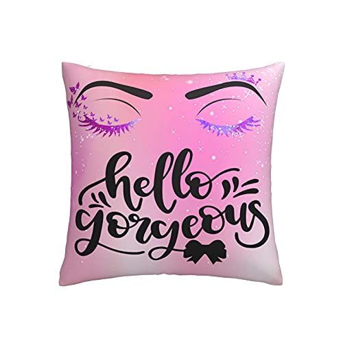 Hello Gorgeous Throw Pillow Covers, Purple Eye Lash Butterfly Soft Square Cushion Case with Zipper Closure, Plush Cozy Pillow Case for All Seasons Use, Decorative Cushion Covers for Home Office Car