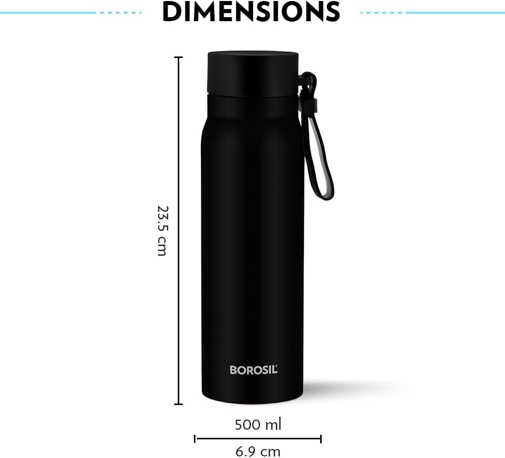 Borosil Hydra Bliss 500 ml Stainless Steel Water Bottle | 13 Hours Hot & 12 Hours Cold Flask | Double Wall Vacuum Insulated, Leakproof, Wide Mouth with Strap | 1 Year Warranty, Black