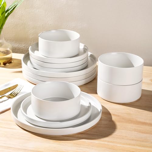 Image of GBHOME Ceramic Dinnerware Sets for 4,Stoneware Plates and Bowls Sets,Chip and Crack Resistant | Dishwasher & Microwave Safe Dishes Set,Scratch Resistant- Service for 4 (12pc)- Snow White