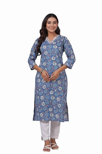 Image of Ichaa Women's Pure Cotton Embroidered V-Neck Ethnic Kurta with 3 /4th Sleeve for Daily and Office Wear, in Plus Sizes